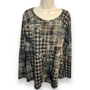 Cato Women’s Mixed Print Long Sleeve Knit Shirt Green/Brown Size Large